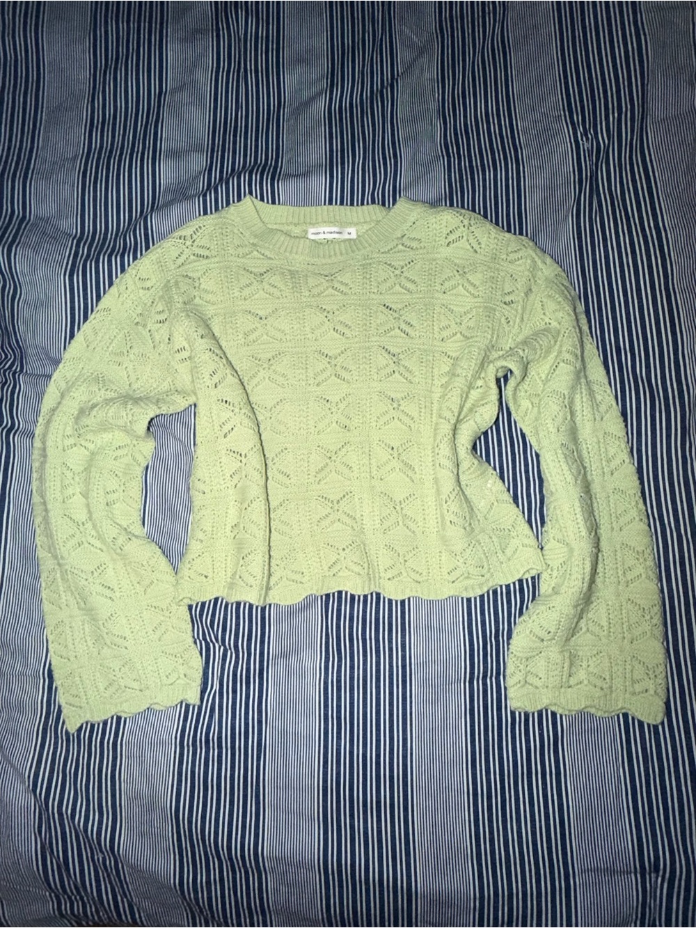 moon & madison Pastel Green Eyelet Cropped Crew Sweater